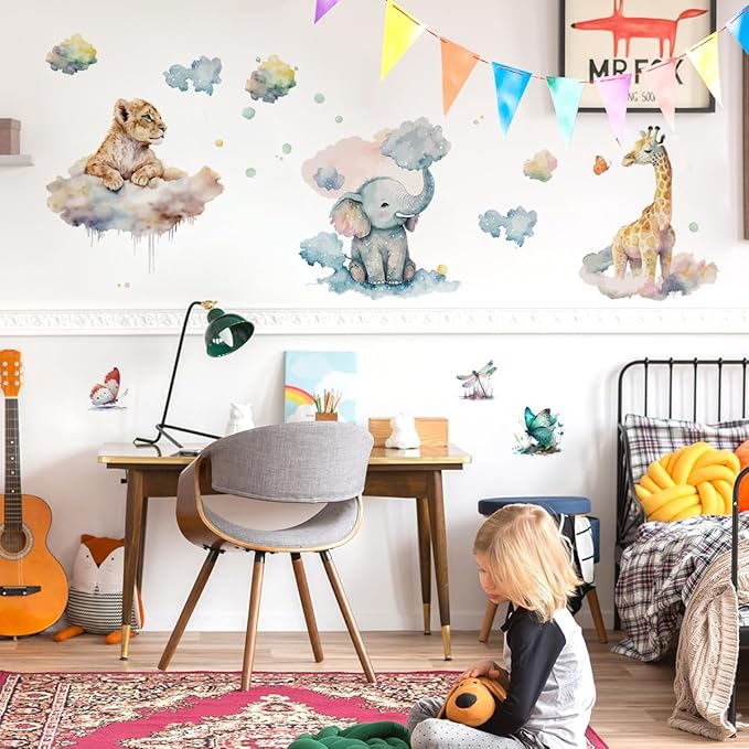 Watercolor Animals Wall Decals Elephant Lion Giraffe Wall Stickers Colorful Butterfly Clouds for Baby Boy Girl Room Decor Decals Peel and Stick Airplanes Kids Wall Stickers Nursery Decor