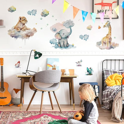 Watercolor Animals Wall Decals Elephant Lion Giraffe Wall Stickers Colorful Butterfly Clouds for Baby Boy Girl Room Decor Decals Peel and Stick Airplanes Kids Wall Stickers Nursery Decor