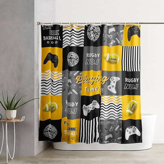 AILONEN Gaming Shower Curtain,Orangish Ball Sports Bathroom Shower Curtain for Boys Kids Teens, 48" W*72" H Gaming Gamer Theme Shower Curtain Sets for Bathroom