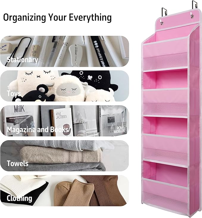 Heavy Duty Over Door Organizer, Wall Mount Hanging Organizer Storage with 4 Large Capacity Pockets, Closet Bathroom Nursery Bedroom Dorm, Toys Cosmetics Sundries and Baby Essentials, Pink