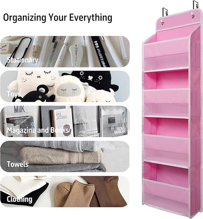 Heavy Duty Over Door Organizer, Wall Mount Hanging Organizer Storage with 4 Large Capacity Pockets, Closet Bathroom Nursery Bedroom Dorm, Toys Cosmetics Sundries and Baby Essentials, Pink