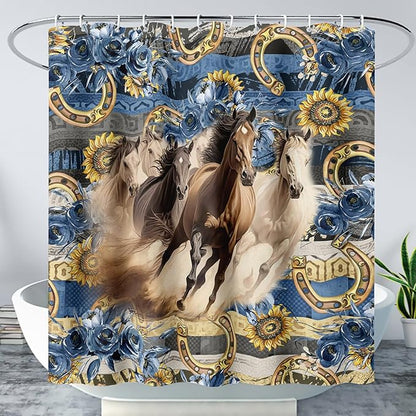 AILONEN Running Horse Shower Curtain for Kids,Blue Rose Sunflower Horse Bath Curtain for Bathroom Decor,Modern Curtain Polyester Waterproof with 12 Plastic Hooks 36" W*72" H