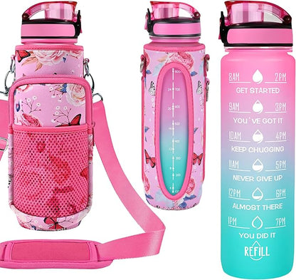 32 oz Water Bottles with Straw & Strap, Motivational Water Bottles with Times to Drink, BPA Free Reusable Sports Water Bottle with Sleeve Carrier for Gym, Workout or Fitness (Butterfly in Love)