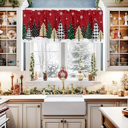 Red Merry Christmas Valance Curtains for Kitchen Windows Green Christmas Tree Rod Pocket Window Treatment Toppers for Kitchen/Living Room/Bedroom/Bathroom, 42" X 18", White Snow Forest Winter