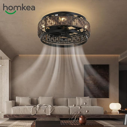 Low Profile Caged Ceiling Fan With Light&Remote, 17" Flush Mount Farmhouse Ceiling Fan, Enclosed Rustic Ceiling Fan with Reversible Motor, Black and Gold Industrial Ceiling Fixture for Bedroom/Kitchen