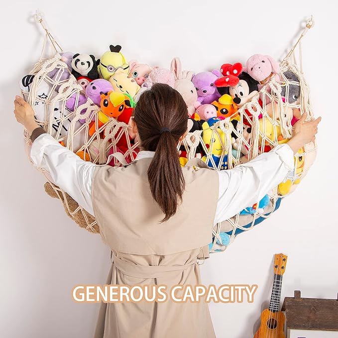 Stuffed Animal Net or Hammock Wall Hanging Net for Stuffed Animal Storage Macrame Toy Display Plush Toy Holder Soft Toy Organizer for Nursery Baby Bedroom Playroom-Cream
