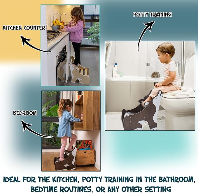 Crowned Cuddles - Premium Wooden Step Stool for Kids Toddler Step Stool, Kids Step Stool for Toddlers, Wood Step Stool for Kids Bathroom Sink, Kitchen Counter & Potty Stool (Brown)