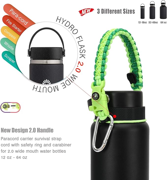 2.0 Paracord Handle for Hydroflask 2.0 Wide & Standard Mouth Water Bottles Carrier with New Ring & Carabiner 12oz - 64oz (32 oz-40 oz Wide Mouth, Glow Green Compass)