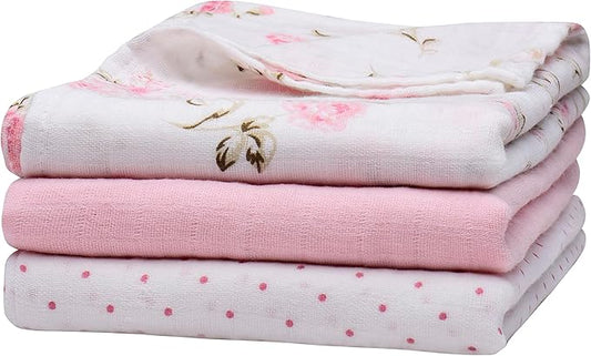 3 Pack Cotton Muslin Swaddle Blankets for Baby, 40" x 36", Lightweight, Breathable, Pink (Little Me Vintage Rose)
