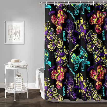 AILONEN Motocross Shower Curtain,Motorcycle Racer Bath Curtain,Extreme Sports Decoration,Colorful Graffiti Dirt Bike Shower Curtain for Kids Boys,Black Washable, 72" W x 84" H
