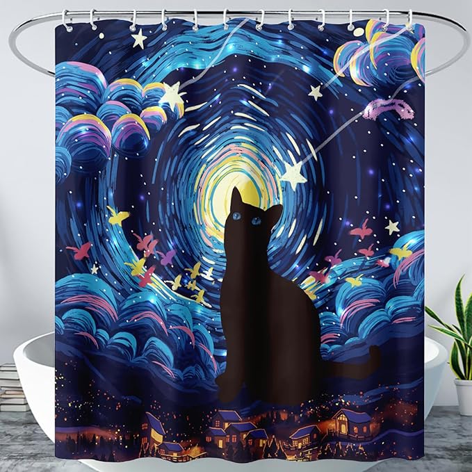 AILONEN Cartoon Black Cat Shower Curtain Set,Starry Night Bath Curtain for Kids Girls Boys,Country Style Shower Curtain,Cat Lovers Animal Shower Curtains for Bathroom Decor, 72" W*72" H