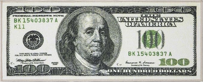 Machine Washable $100 Bill Design Non-Slip Rubberback 17x43 Modern Runner Rug for Hallway, Kitchen, Bedroom, 17" x 43", Green/Multicolor