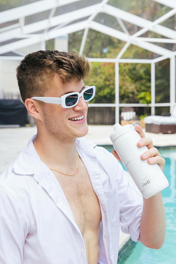 Ello Cooper 18oz Stainless Steel Water Bottle with Straw and Carry Handle, Double Walled and Vacuum Insulated Metal, Leak Proof Locking Lid with Soft Silicone Spout, Reusable, BPA Free, White Marble