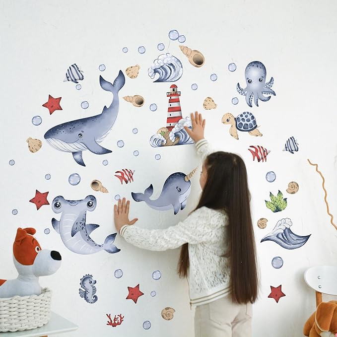Ocean Wall Decals for Kids by Lipastick - Sea Kids Wall Stickers - Creative Nursery Wall Decal for Children – Nautical Vinyl Wall Decal Whale Shark Octopus Turtle Lighthouse S Size
