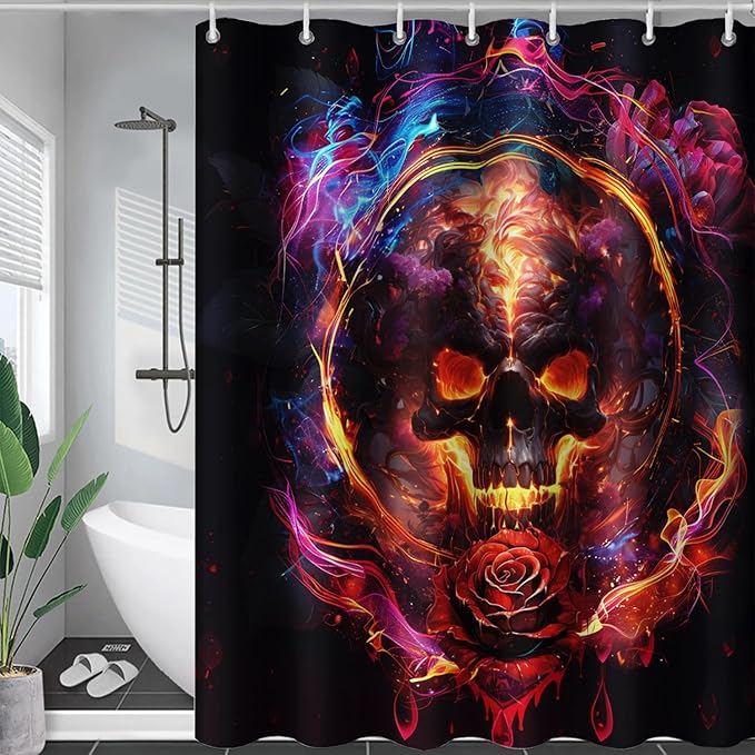 AILONEN Gothic Skull Shower Curtains for Bathroom,Red and Black Skeleton Sugar Skull Bath Curtain,Romantic Rose Flower Goth Skull Decor,Boys Men Curtain 12 Plastic Hooks Waterproof, 72" W x 84" H