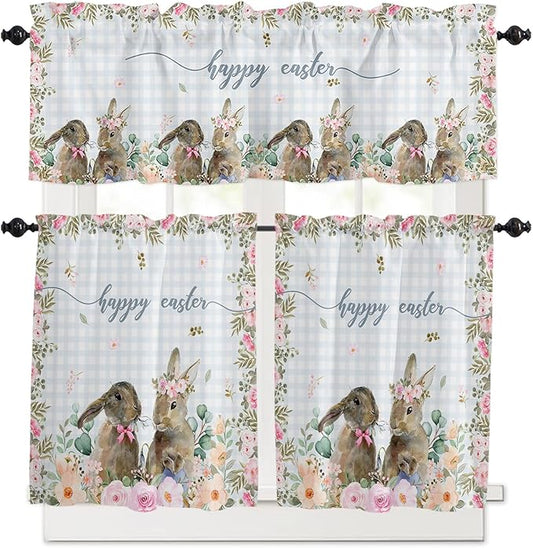 Rabbits Flowers Easter Kitchen Curtains and Valances Set,Eucalyptus Leaf Spring Summer Window Tiers Grey White Buffalo Plaid Half/Short Curtains for Small Windows Cafe /Living Room/ Bedroom 54x 36 in