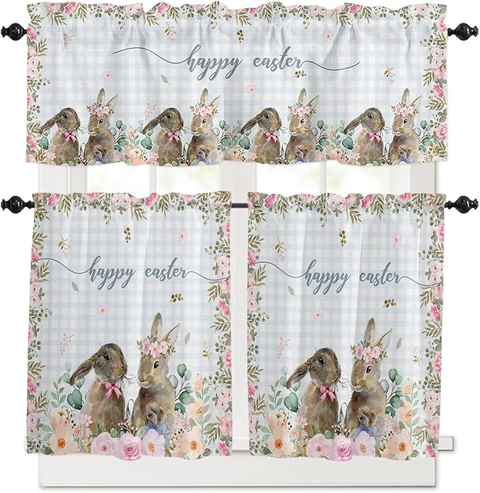 Rabbits Flowers Easter Kitchen Curtains and Valances Set,Eucalyptus Leaf Spring Summer Window Tiers Grey White Buffalo Plaid Half/Short Curtains for Small Windows Cafe /Living Room/ Bedroom 54x24 in