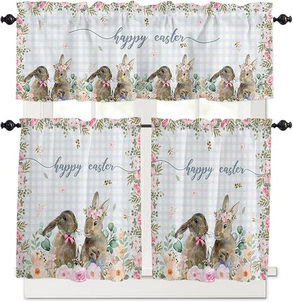 Rabbits Flowers Easter Kitchen Curtains and Valances Set,Eucalyptus Leaf Spring Summer Window Tiers Grey White Buffalo Plaid Half/Short Curtains for Small Windows Cafe /Living Room/ Bedroom 54x24 in