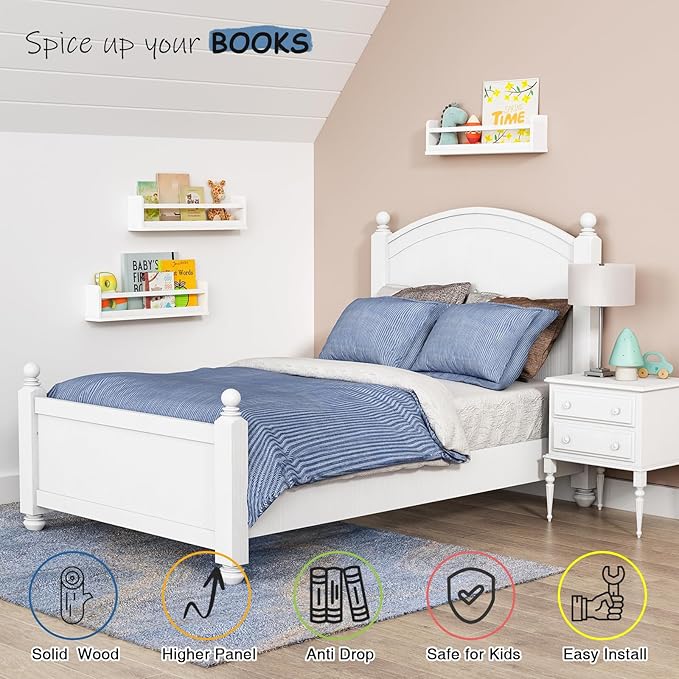 24 Inch Wide Bookshelf for Kids Room Wall Decor, Floating Nursery Book Shelves for Baby Children Teens Bedroom, Corner Hanging Bookshelves Wall Mounted for Classroom Library (White)