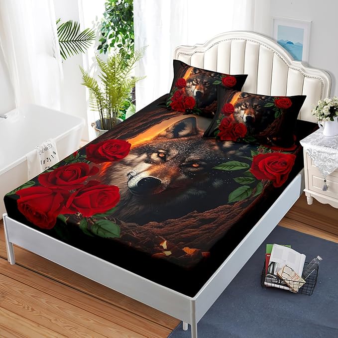 AILONEN Girls Wolf Fitted Sheet Set Twin Size, 3 Pieces Bedding Set Red Rose Wolf Sheet Set for Women Teen Kids,Wildlife Bed Sheet Set Wolf Fitted Sheet with 2 Pillowcases