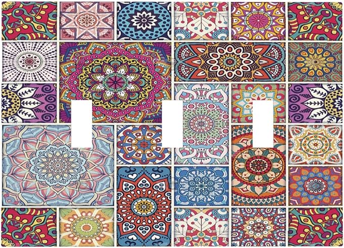 Morocco Talavera Mexican Tiles Printed Colroful Mandala 3 Gang Light Switch Covers Triple Toggle Wall Plate Decorative Switchplate Electrical Faceplate for Kitchen Bathroom Bedroom Decor
