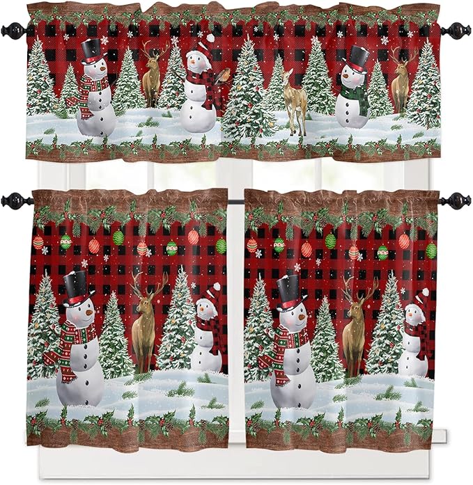 Christmas Snowman Kitchen Curtains and Valances Set, Christmas Tree Window Treatments Tiers Red Xmas Snowy Winter Semi Sheer Half/Short Curtains for Small Windows Cafe /Living Room/ Bedroom 54x 36 in
