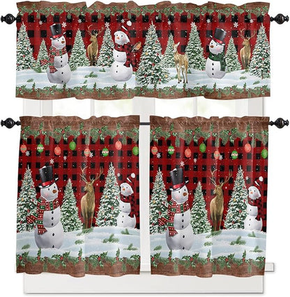 Christmas Snowman Kitchen Curtains and Valances Set, Christmas Tree Window Treatments Tiers Red Xmas Snowy Winter Semi Sheer Half/Short Curtains for Small Windows Cafe /Living Room/ Bedroom 54x 36 in