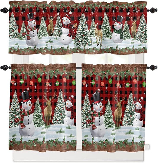 Christmas Snowman Kitchen Curtains and Valances Set, Christmas Tree Window Treatments Tiers Red Xmas Snowy Winter Semi Sheer Half/Short Curtains for Small Windows Cafe /Living Room/ Bedroom 54x 36 in