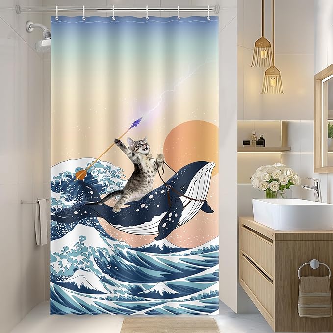Aimego Stall Small Shower Curtain - Funny Cute Cat Riding Shark in Ocean Wave, Whale Cat Narrow Half Fabric Cloth Fun Shower Curtain Set for Bathroom Decor Bath Curtain, 36"x72"