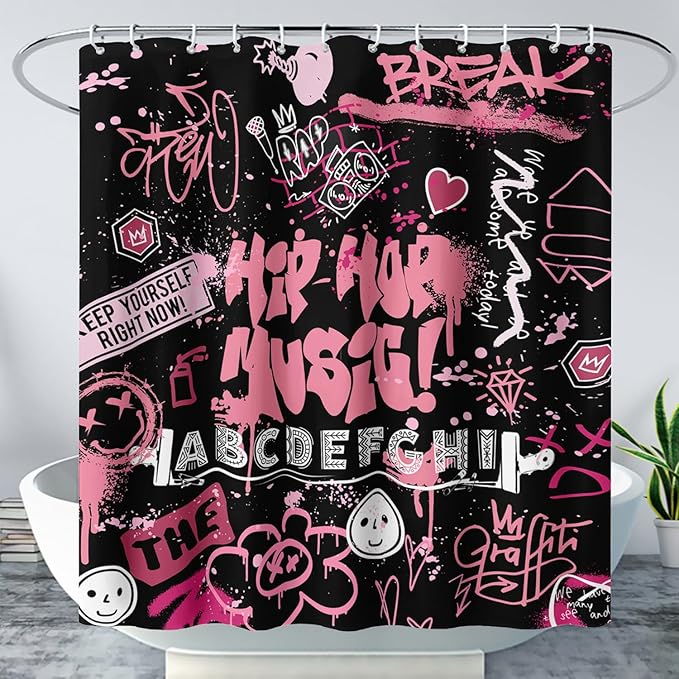 AILONEN Black Pink Graffiti Shower Curtains for Teens Girls,Hip-Hop Music Bath Shower for Bathroom,Polyester Waterproof with 12 Hooks,72" W*78" H Black Pink