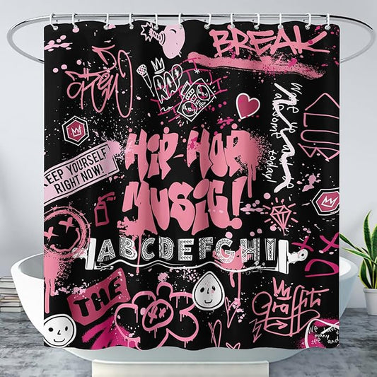AILONEN Black Pink Graffiti Shower Curtains for Teens Girls,Hip-Hop Music Bath Shower for Bathroom,Polyester Waterproof with 12 Hooks,72" W*78" H Black Pink