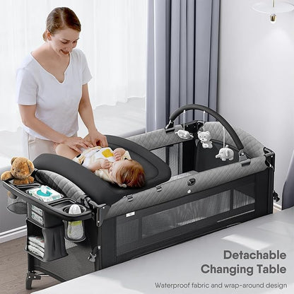 4 in 1 Baby Bassinet, Pack and Play, Bedside Crib Sleeper, Diaper Changer - Comes with Mattress, Mosquito Net，Bottom Storage and Toy Bar for Newborn to Toddles