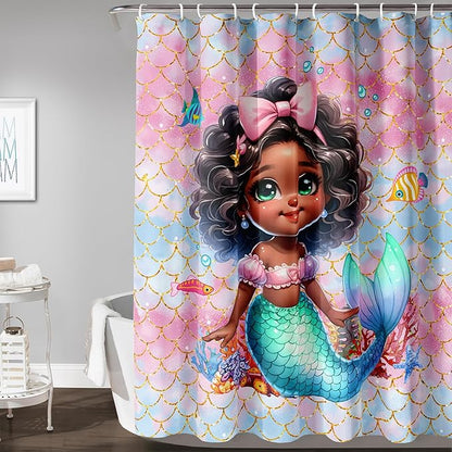 AILONEN Mermaid Shower Curtain,Cute Black Girls Mermaid Bath Curtain for Kids Girls,Ocean Fish Pink Mermaid Scale Print Shower Curtain for Bathroom Decor Waterproof with 12 Plastic Hooks, 48" W*72" H