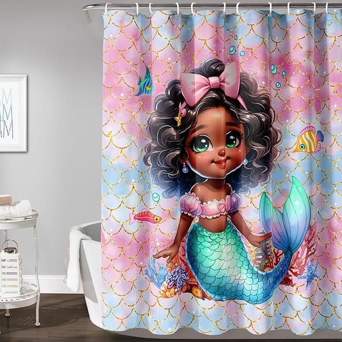 AILONEN Mermaid Shower Curtain,Cute Black Girls Mermaid Bath Curtain for Kids Girls,Ocean Fish Pink Mermaid Scale Print Shower Curtain for Bathroom Decor Waterproof with 12 Plastic Hooks, 72" W*72" H