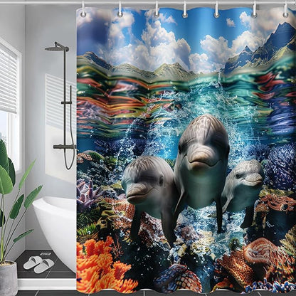 AILONEN Cute Dolphin Shower Curtain,Ocean Dolphin Bath Curtain,Tropic Sea Coral Beach Curtain,Boys Girls Kids Curtain for Bathroom Decor Waterproof, 72" W x 72" H