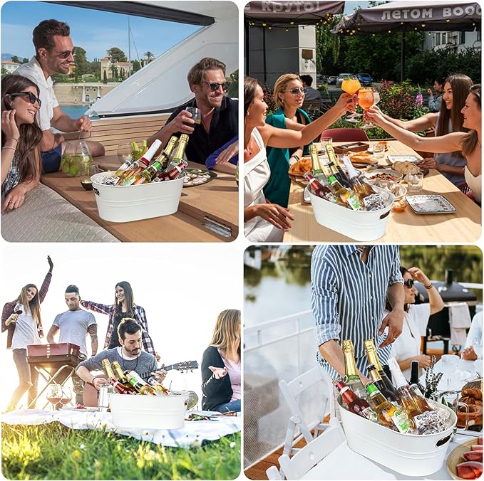 3 Pcs Galvanized Tub 3 Gallon Ice Bucket Large Metal Bucket for Parties Beverage Tub with Handles for Champagne Cocktails Wine Cooling for Mimosa Bar Supplies (White)