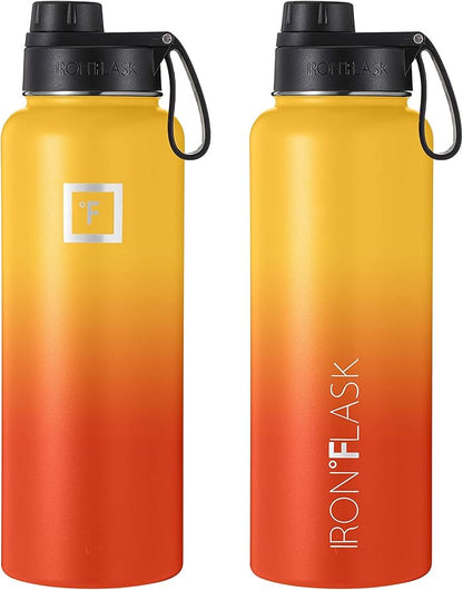 IRON °FLASK Camping & Hiking Hydration Flask, Wide Mouth, 3 Spout Lids, Stainless Steel Outdoor Water Bottle, Double Walled, Insulated Thermos, Metal Canteen - Fire, 40 Oz