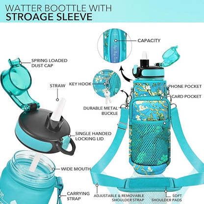 32 oz Water Bottles with Straw & Strap, Motivational Water Bottles with Times to Drink, BPA Free Reusable Sports Water Bottle with Sleeve Carrier for Hiking, Travel, Running or Fitness