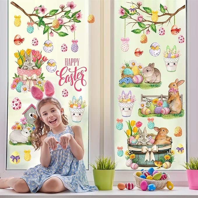 Happy Easter Wall Stickers Bunny Rabbit Wall Decals Peel and Stick Wall Art Decal Easter Egg Wall Decal Spring Flower Tree Branch Window Clings for Kids Room Nursery Living Room Kitchen Decor Gifts