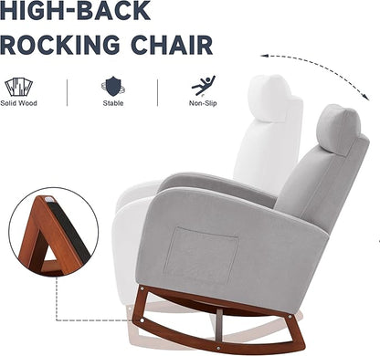Rocking Chair Nursery Chair with Foot Rest, Nursery Rocking Chairs with High Back, Glider Rocking Chair with Pocket, Baby Nursery Glider Rocker, Nursing Chair Accent Living Room (Linen Grey)