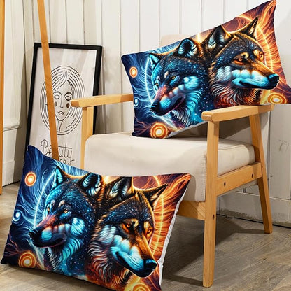 AILONEN Boys Wolf Fitted Sheet Set Twin Wolf Bed Sheet Set, Wildlife Animal Theme Fitted Sheet with 2 Pillowcases,3 Pieces Ice and Fire Light Wolves Print Fitted Sheet Set