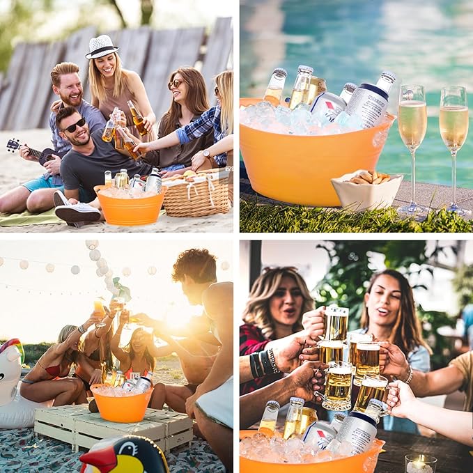 8Pcs Ice Bucket, Plastic Ice Buckets for Parties, Drink Buckets with Handles Beverage Buckets Oval Storage Plastic Tub for Wine Beer Champagne Bottles, 4.3Liter (set-4-orange)