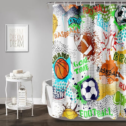 AILONEN Sport Shower Curtain,Graffiti Basketball Football Baseball Rugby Sport Art Bath Curtain Minimalist Bathroom Curtain 72" W*72" H Polyester Waterproof Bathroom Curtain with 12 Hooks