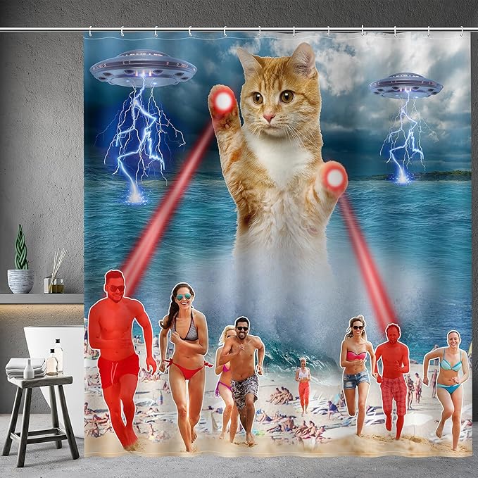 Aimego Extra Long Shower Curtain - Funny Cute Cool Ocean Cat with Weird Adults Beach UFO Fun Fabric Cloth Bath Shower Curtain Set with 12 Hooks for Bathroom Decor Accessories Bathtub Curtain, 72"x84"