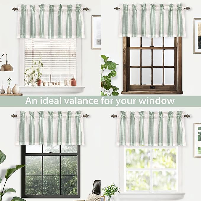 DriftAway Chris Linen Lined Valance Double Layer Thermal Insulated Room Darkening Blackout Valances 3 Inch Rod Pocket Vertical Striped Kitchen Valance for Bathroom 52 Inch by 18 Inch Green