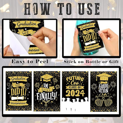 8 Pieces 2024 Graduation Wine Bottle Labels Class of 2024 Wine Bottle Stickers Black Golden Congrats Grad Wine Bottle Cover Decorations for College University Graduation Party Supplies
