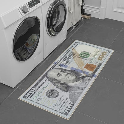 Machine Washable $100 Bill Design Non-Slip Rubberback 22x53 Modern Runner Rug for Hallway, Kitchen, Bedroom, 22" x 53", Multicolor