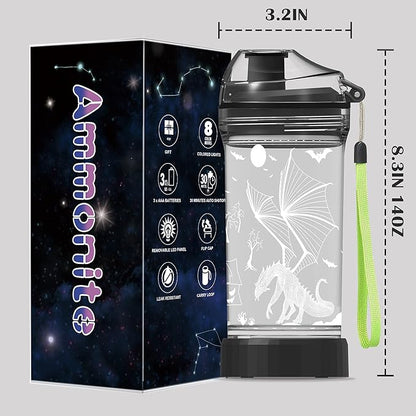 Ammonite Dragon 14 Oz Water Bottle with 3D Glowing LED Light - BPA Free Tritan - Travel Cup Gift for Back to School Boy Child Holiday Camping Picnic