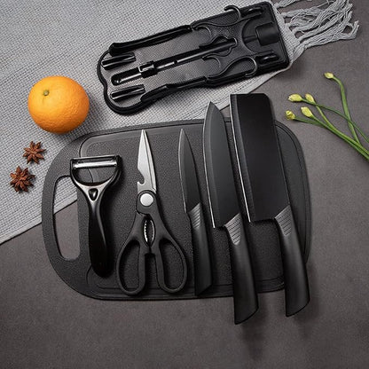 Magicorange 7-Piece Kitchen Knife Set - 5 Black Stainless Steel Knives with Sheaths, Cutting Board, and a Knife Block- Stainless Steel Kitchen Knives with PP Ergonomic Handle (Black)