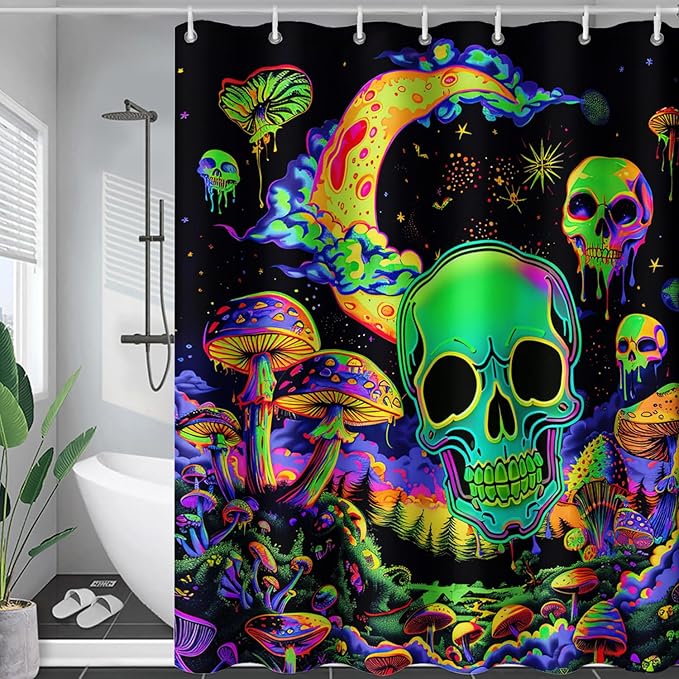 AILONEN Mushroom Skull Shower Curtain for Bathroom, Green Starry Moon Skull Bath Curtain,Fantasy Fungus Skeleton Decor Bathroom Waterproof Curtain with 12 Plastic Hooks, 72" W*84" H